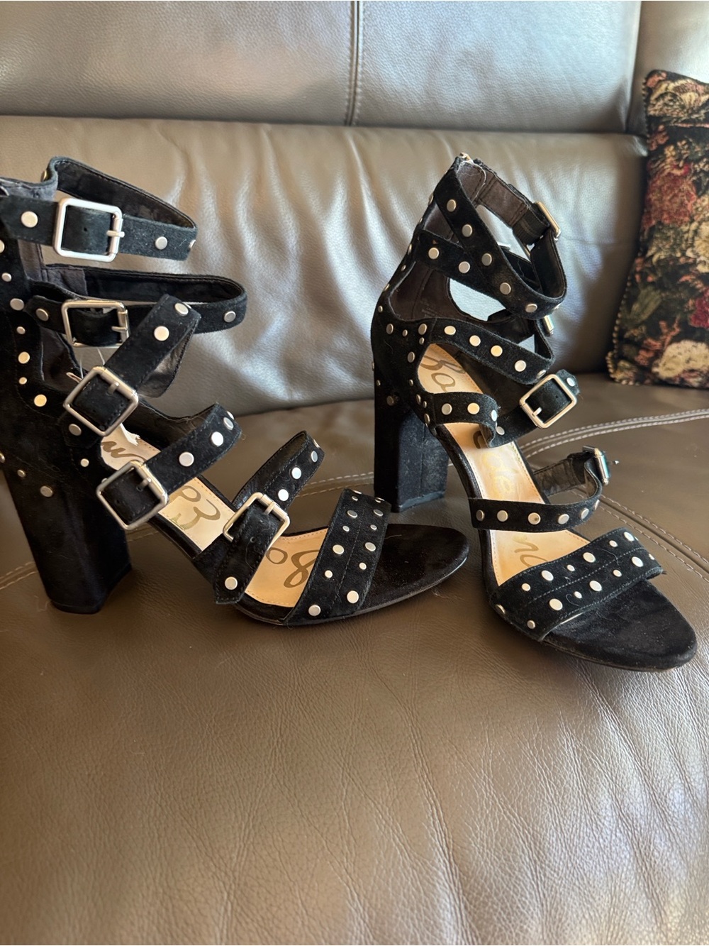 Sam Edelman Black Suede Studded Buckle Block Heels - Picture 13 of 16